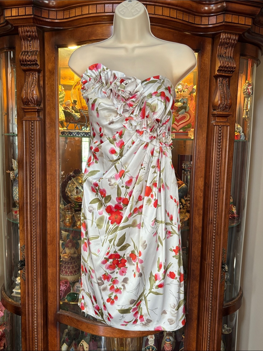 NWOT Maggy London Strapless White & Pink Floral Cocktail Dress Ruffle Detail